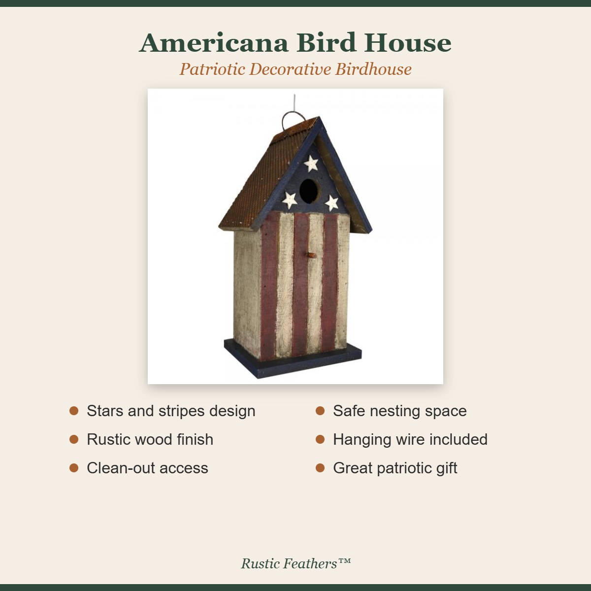 Americana bird house features: patriotic design, rustic wood, clean-out, hanging wire
