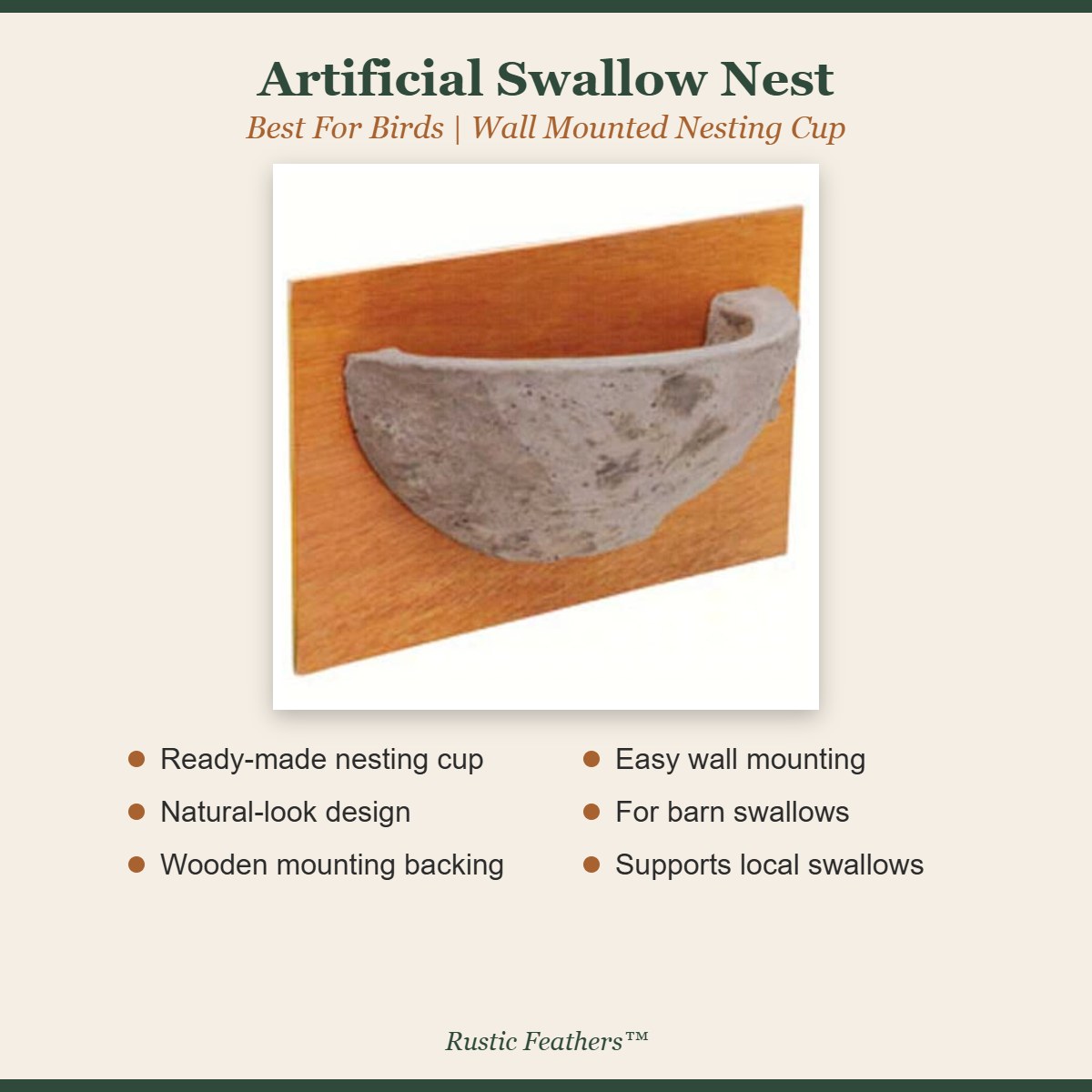 Artificial swallow nest features: nesting cup, natural design, wooden backing, wall mount