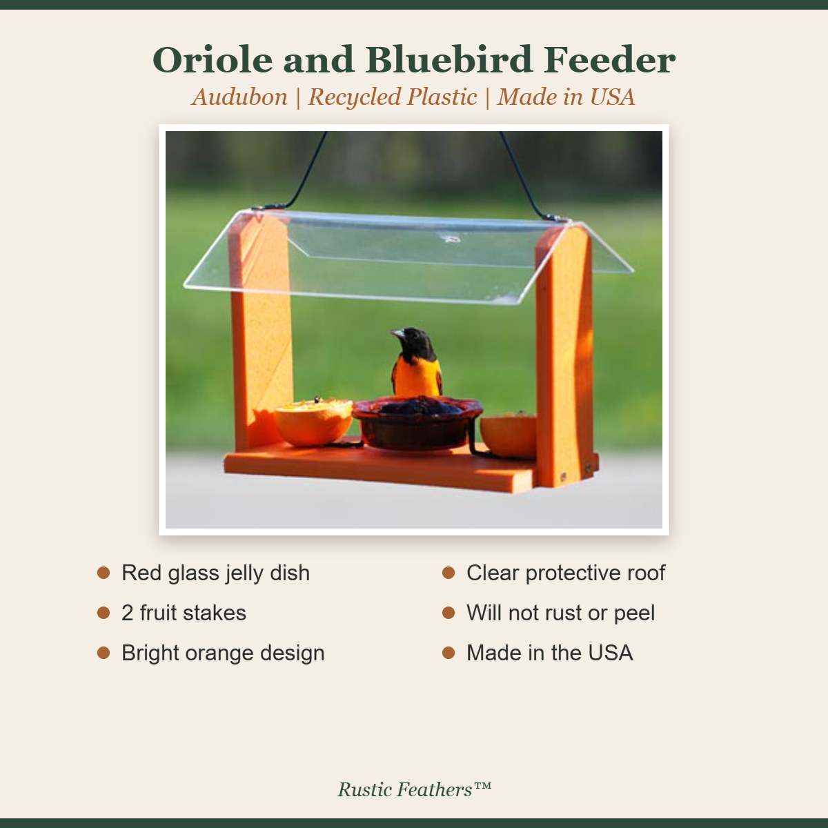 Oriole and bluebird feeder features: glass jelly dish, fruit stakes, orange design, clear roof, made in USA