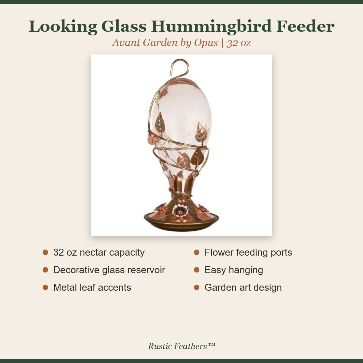 Looking Glass hummingbird feeder features: 32 oz, decorative glass, leaf accents, flower ports