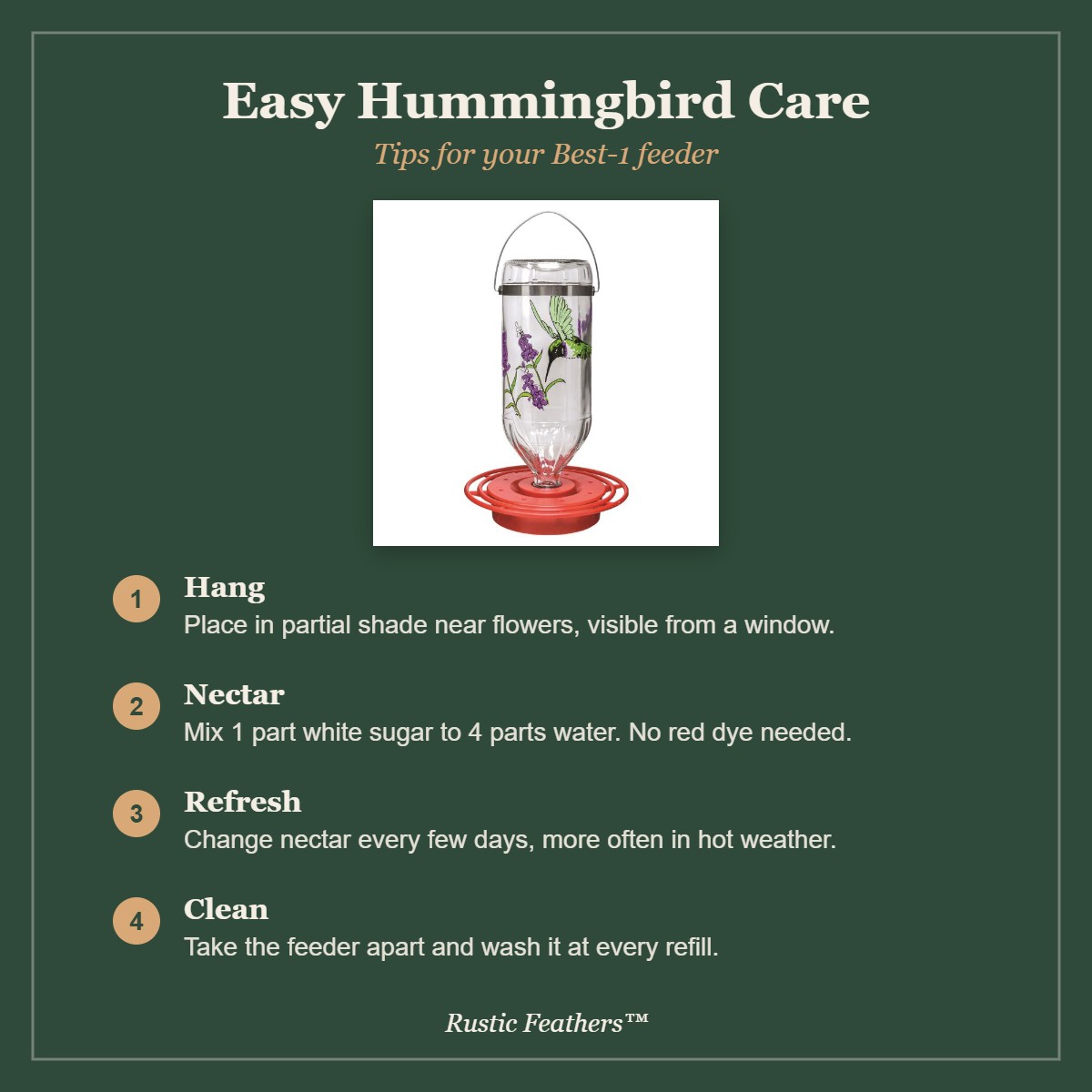 Hummingbird care tips: hang in partial shade, 1 to 4 nectar, refresh often, clean at every refill
