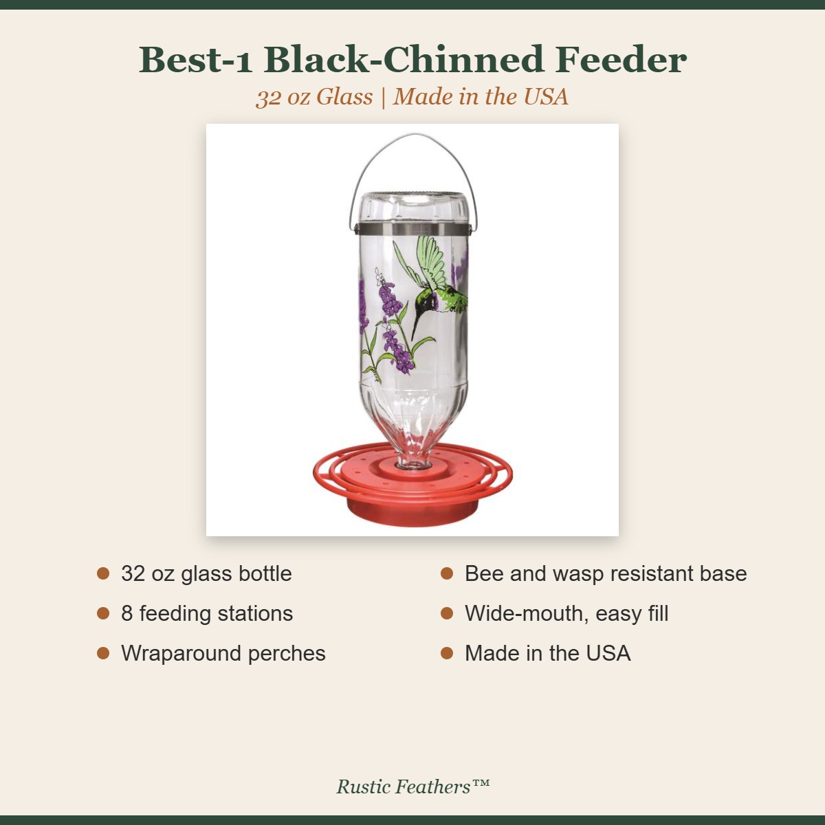 Best-1 black-chinned 32 oz hummingbird feeder features: glass bottle, 8 feeding stations, perches, bee resistant base, made in USA