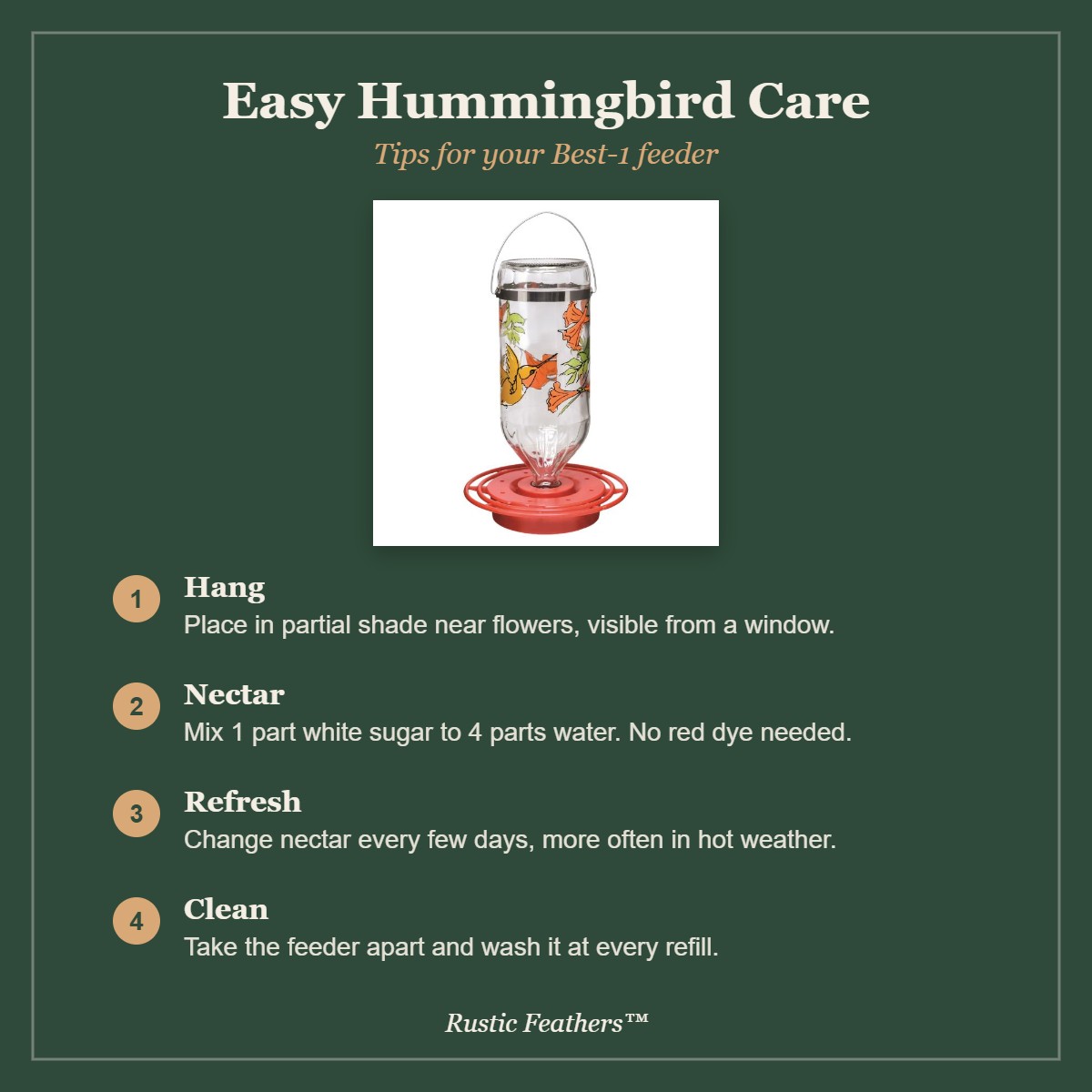 Hummingbird care tips: hang in partial shade, 1 to 4 nectar, refresh often, clean at every refill