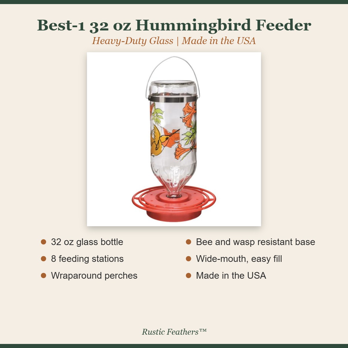 Best-1 32 oz hummingbird feeder features: glass bottle, 8 feeding stations, perches, bee resistant base, made in USA