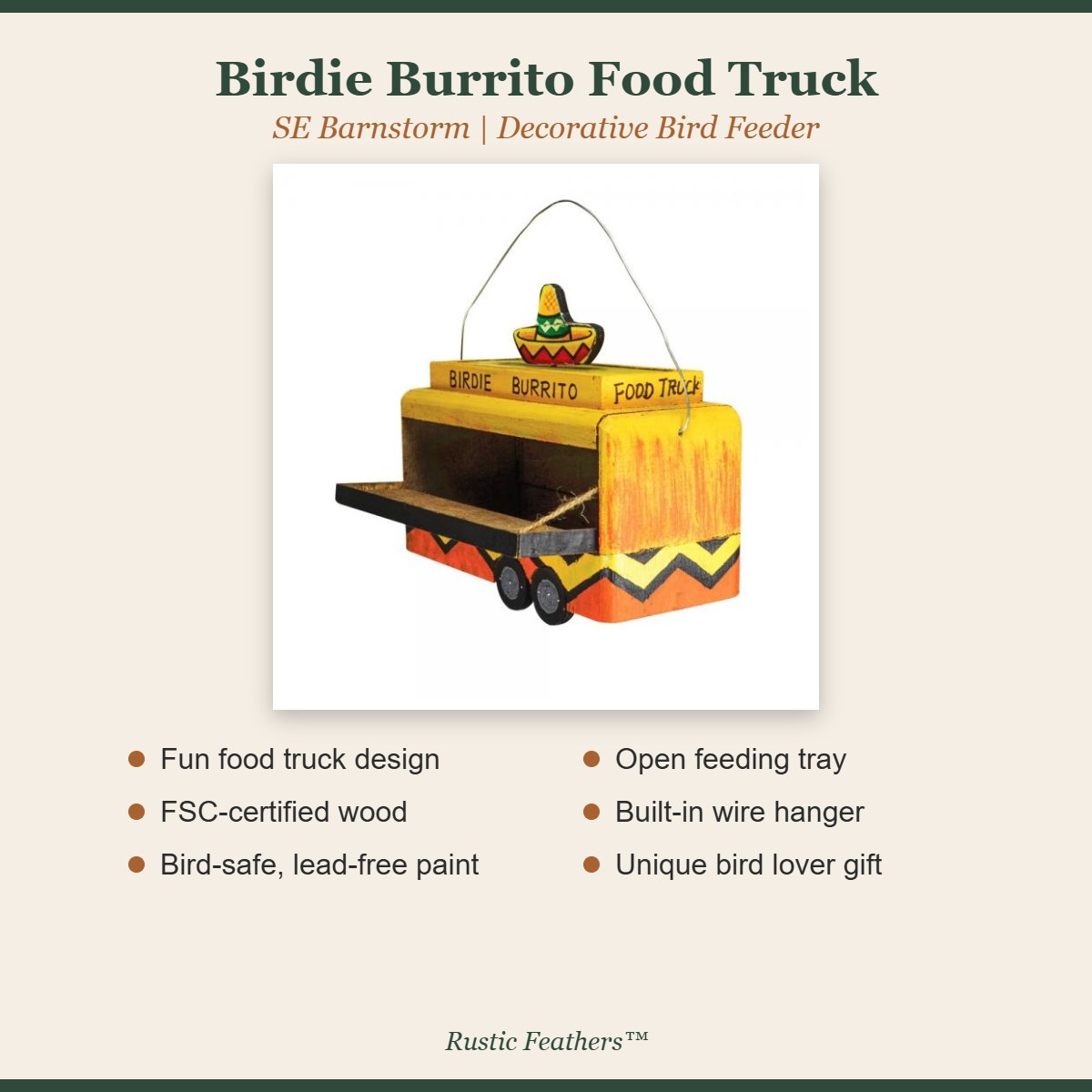 Birdie Burrito food truck feeder features: food truck design, FSC wood, bird-safe paint, open tray