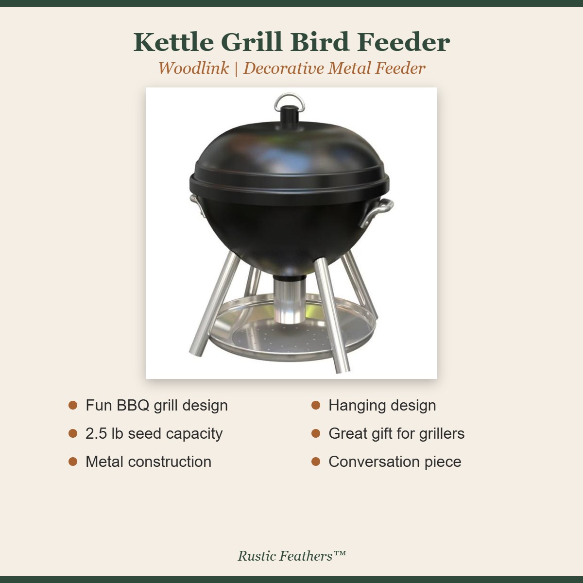Kettle grill bird feeder features: BBQ grill design, 2.5 lb capacity, metal, hanging