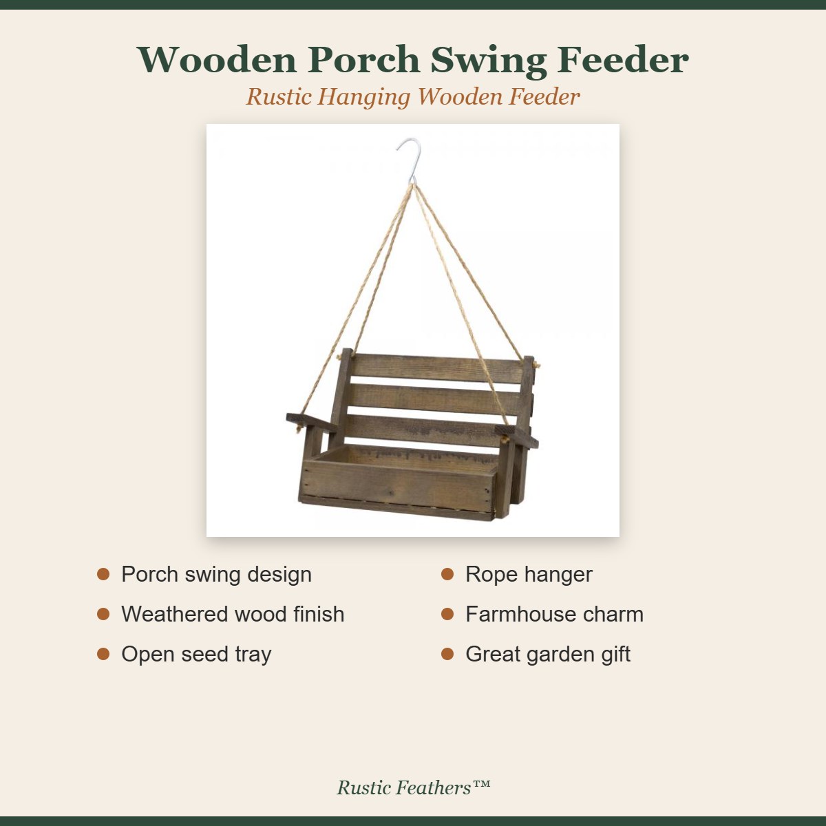 Wooden Porch Swing Feeder features: porch swing design, weathered wood finish, open seed tray, rope hanger