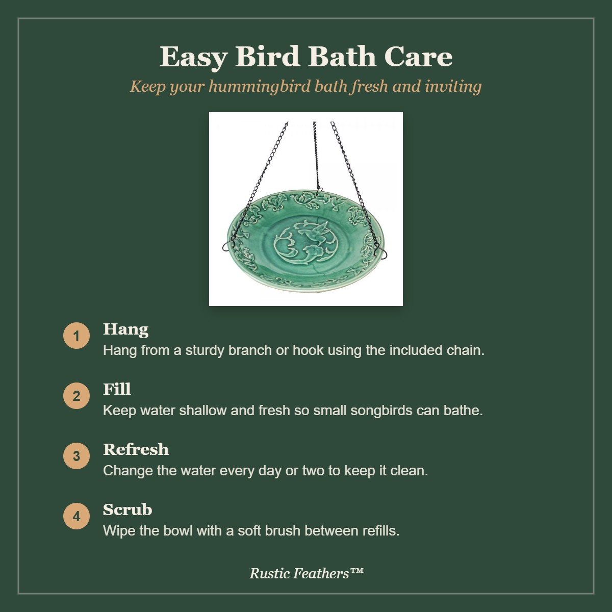 Bird bath care tips for the hummingbird ceramic hanging bird bath: hang, fill, refresh and scrub