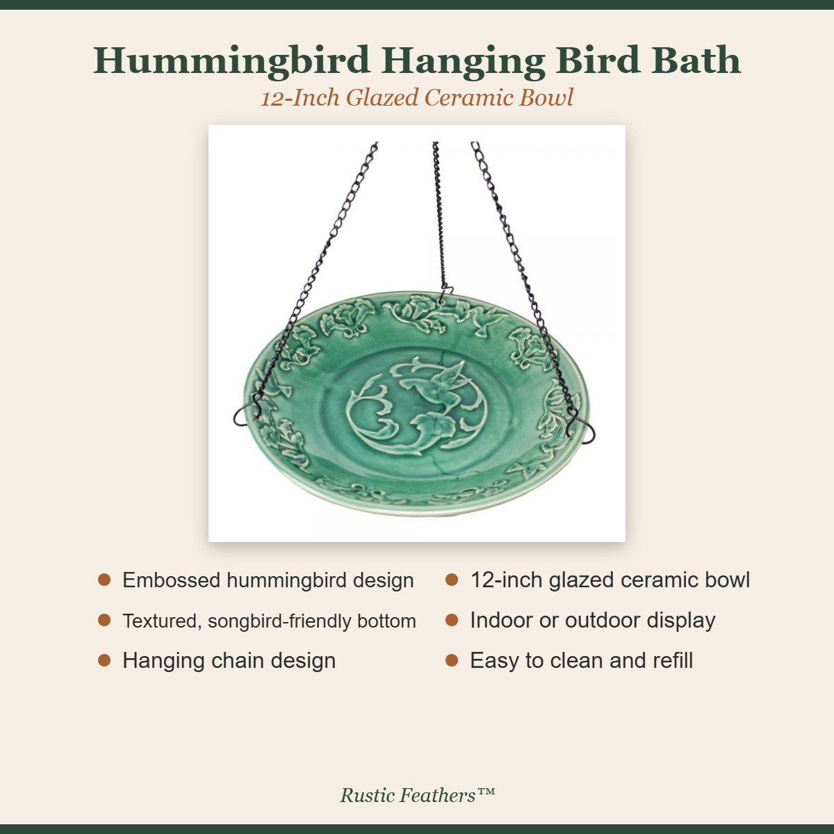 Hummingbird ceramic hanging bird bath features: embossed hummingbird design, textured bottom, hanging chain, 12 inch bowl