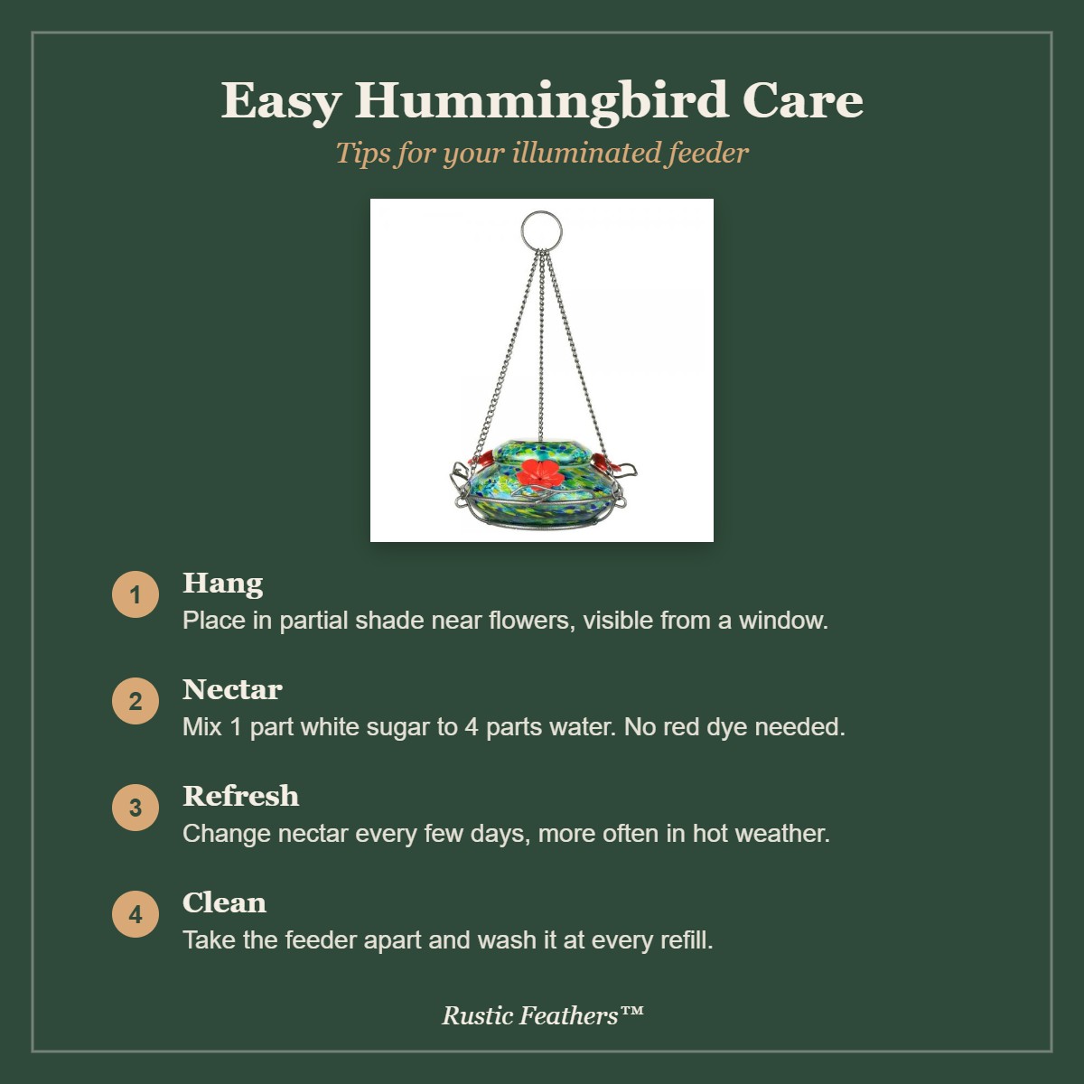 Hummingbird care tips: hang in partial shade, 1 to 4 nectar, refresh often, clean at every refill