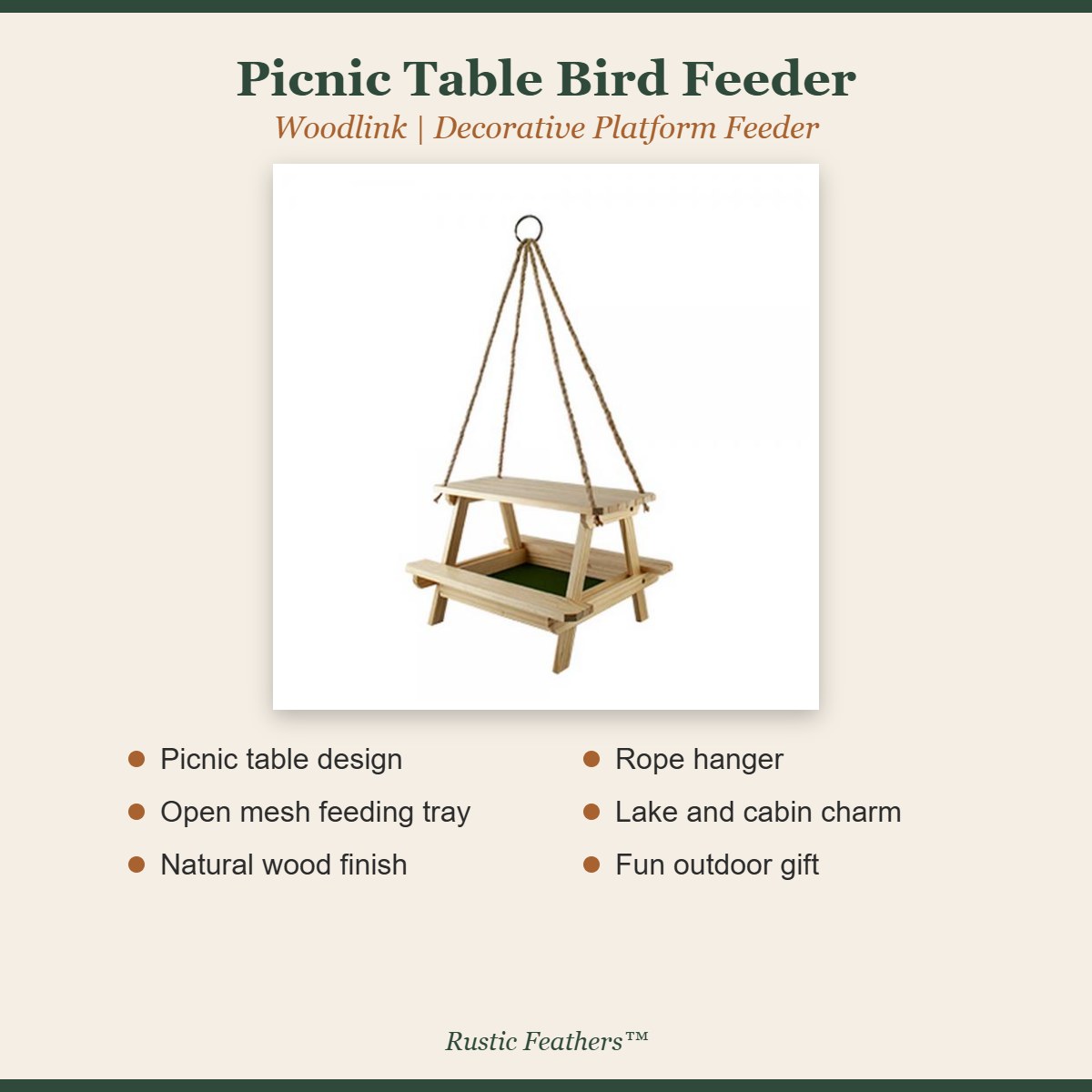 Picnic Table Bird Feeder features: picnic table design, open mesh feeding tray, natural wood finish, rope hanger