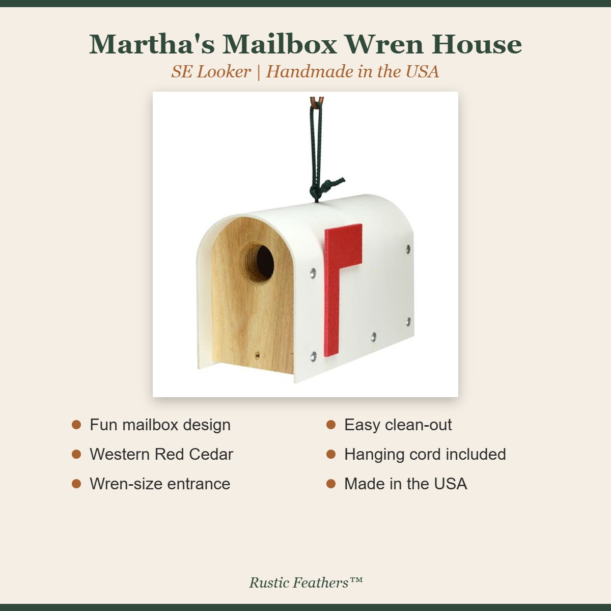 Martha's Mailbox wren house features: mailbox design, cedar, wren entrance, clean-out, made in USA