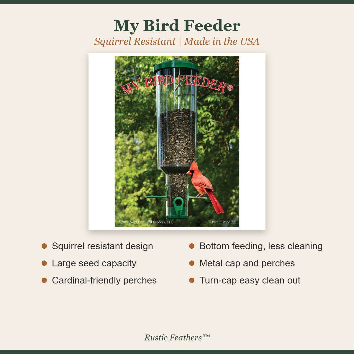 My Bird Feeder features: squirrel resistant, large capacity, cardinal perches, bottom feeding, metal parts, easy clean out