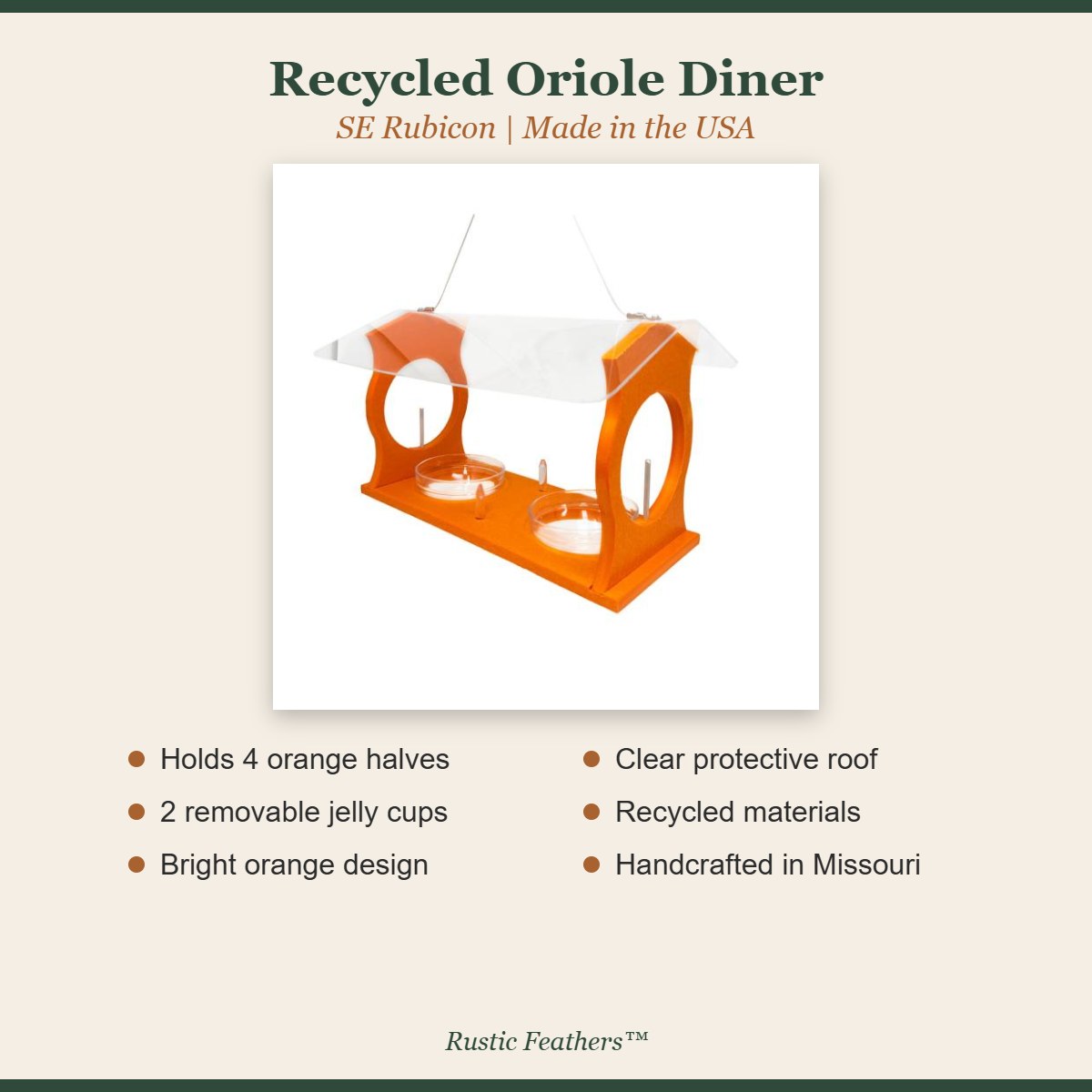 Recycled Oriole Diner features: 4 orange holders, 2 jelly cups, orange design, clear roof, made in USA