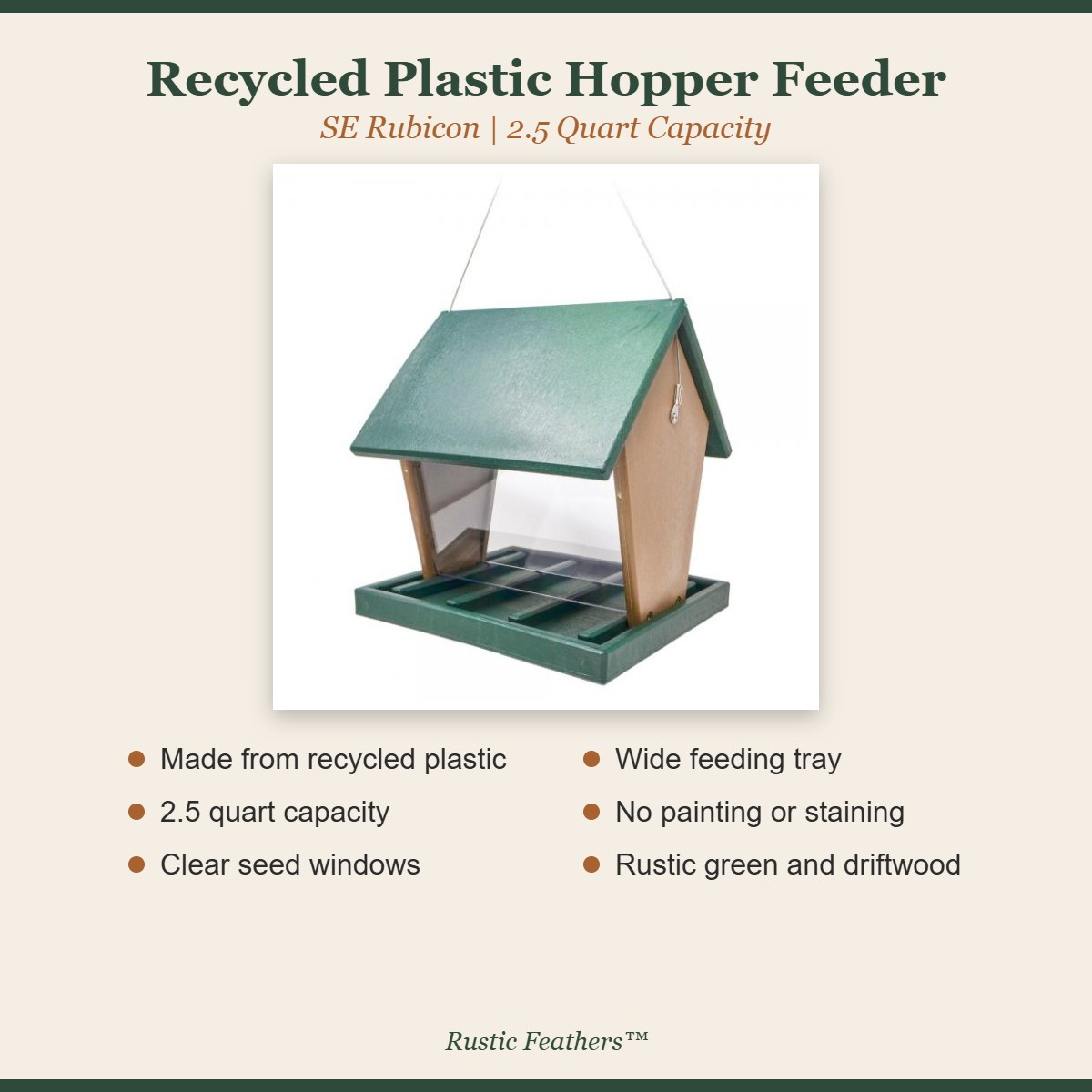 Recycled plastic hopper feeder features: 2.5 quart, clear windows, feeding tray, recycled plastic