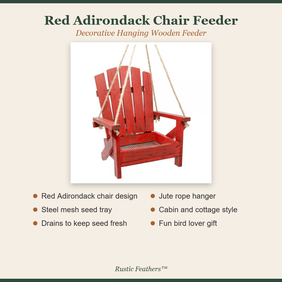 Red Adirondack Chair Feeder features: red adirondack chair design, steel mesh seed tray, drains to keep seed fresh, jute rope hanger