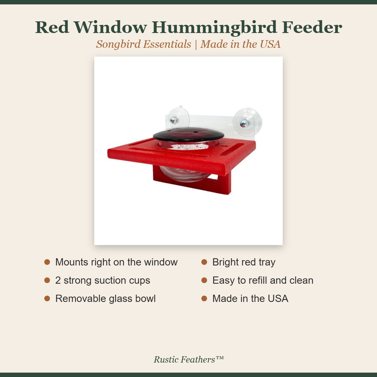 Red window hummingbird feeder features: window mount, 2 suction cups, removable glass bowl, red tray, made in USA