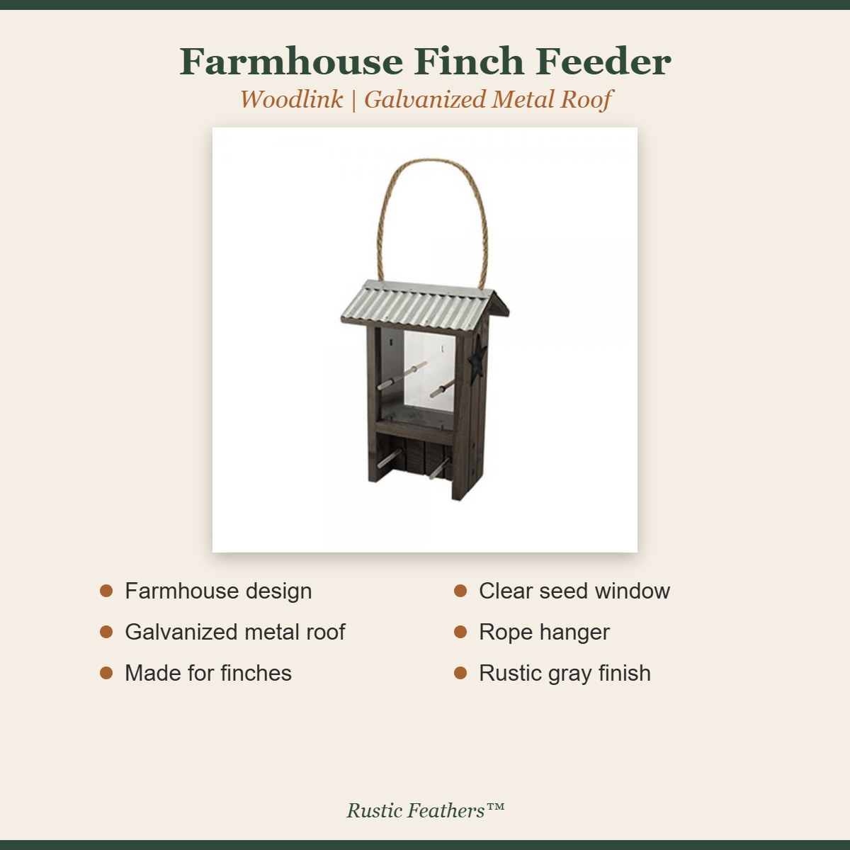 Farmhouse Finch Feeder features: farmhouse design, galvanized metal roof, made for finches, clear seed window