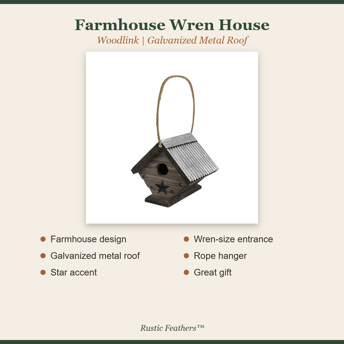 Farmhouse Wren House features: farmhouse design, galvanized metal roof, star accent, wren-size entrance