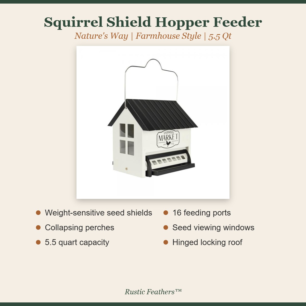 Squirrel Shield hopper feeder features: seed shields, collapsing perches, 5.5 quart, 16 ports, windows, locking roof