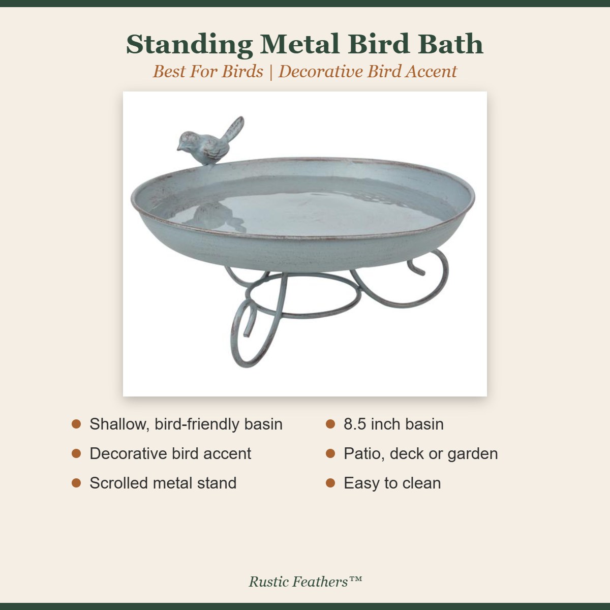 Standing metal bird bath features: shallow basin, bird accent, scrolled stand, 8.5 inch