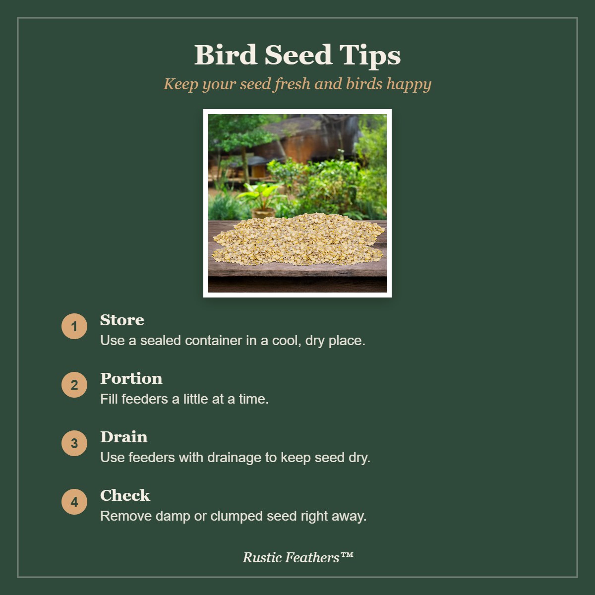 Bird seed tips: storage, portions, drainage and freshness